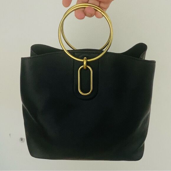 Nine West Soft Leather Black Handbag w Large Brass Gold Handles & Optional Strap - Picture 4 of 15